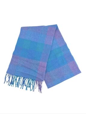 Vintage Pure Wool Blue and Purple Plaid Fringe Scarf